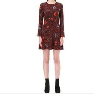 Sandro silk dress Sofia floral print burgundy dress bell sleeves Paris size XS.